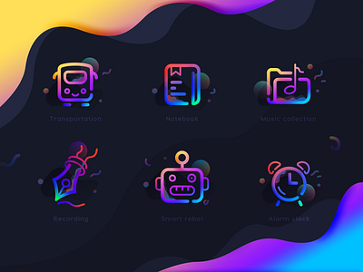 Personality Icons alarm clock branding bus business card colour icon illustration logo mobile music notebook planet robot space gradient typography ui