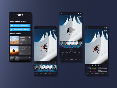 VIDZ modern video editing app UI design app design poppins slider menu video editing video editing app design