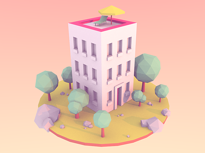 Small world 3d ao blender building home lowpoly stone trees