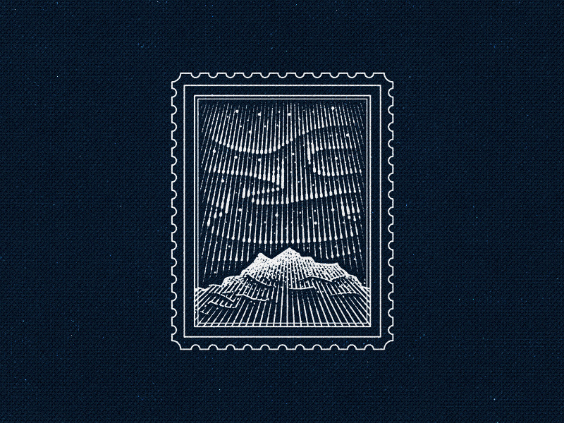 Aurora moutain. northern lights stamp lines engraving vintage high contrast monochrome stars