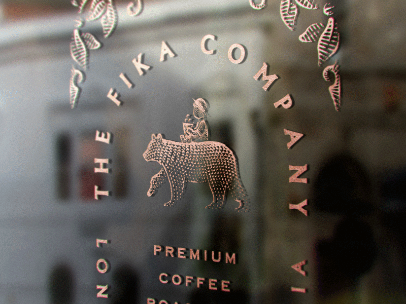 Window Bear bear berries child coffee engraving etching foil leaf mock up window