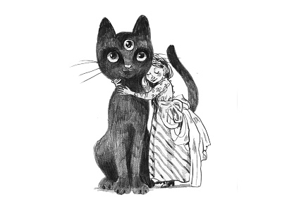 Black Cat & Princess doodle bw cat girl illustration pencil sketch