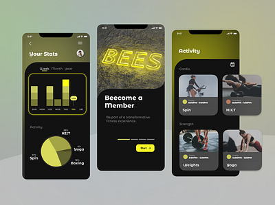 BEES Fitness Studio app app bees branding dark mode dark theme fitness gym ios mobile neon ui yellow