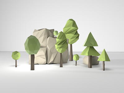 Small scene 3d c4d graphic low poly stone tree