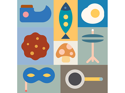 abstract illustration #5 cookie egg eye mask fish instrument magnifying glass mask mushroom shoe