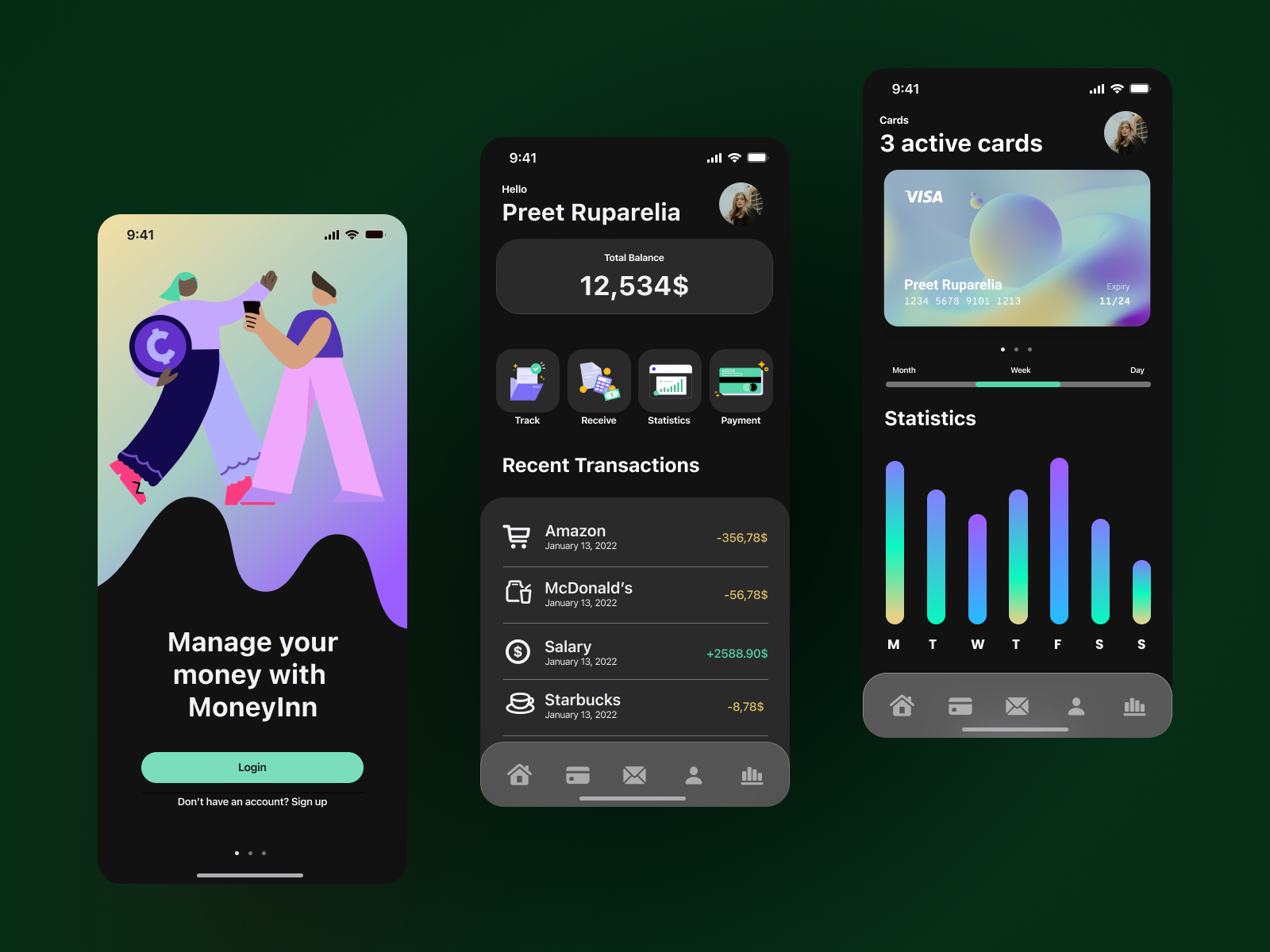 Dark UI Design - MoneyInn by Preet Ruparelia on Dribbble