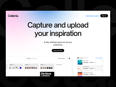 Collecta — Home page collection collections design tool design tools gradient hero inspiration landing page mood board mood boards product page