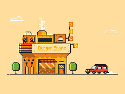 burger shop bulding burger car green illustration pixel red shop sky tree yllow