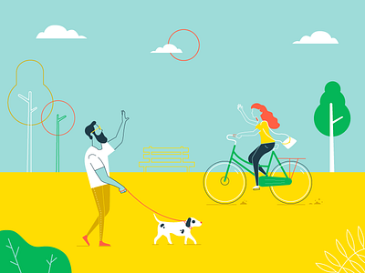 Day in the park bicycle character cycling dog flat hipster park vector walking