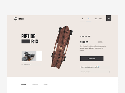 Product Page for RIPTIDE E-Store | Lazarev. 3d animation buy cta description e-commerce electric features gallery hero model motion graphics overview product product page skate specs ui ux web