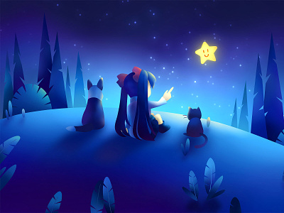 Illustration In Wallpaper App - I back view cat dog girl illustration meteor night plant star tree