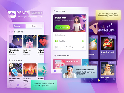 Peace : Guided Meditation app course meditation mobile mobile app peace purple sleep ui