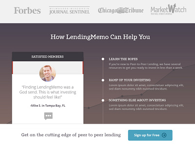 Customer Testimonials - LendingMemo marketing page peer to peer lending testimonials web design