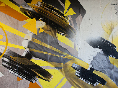 Dumbbell closeup detail gym indoor lithuania mural plugas spraypainting