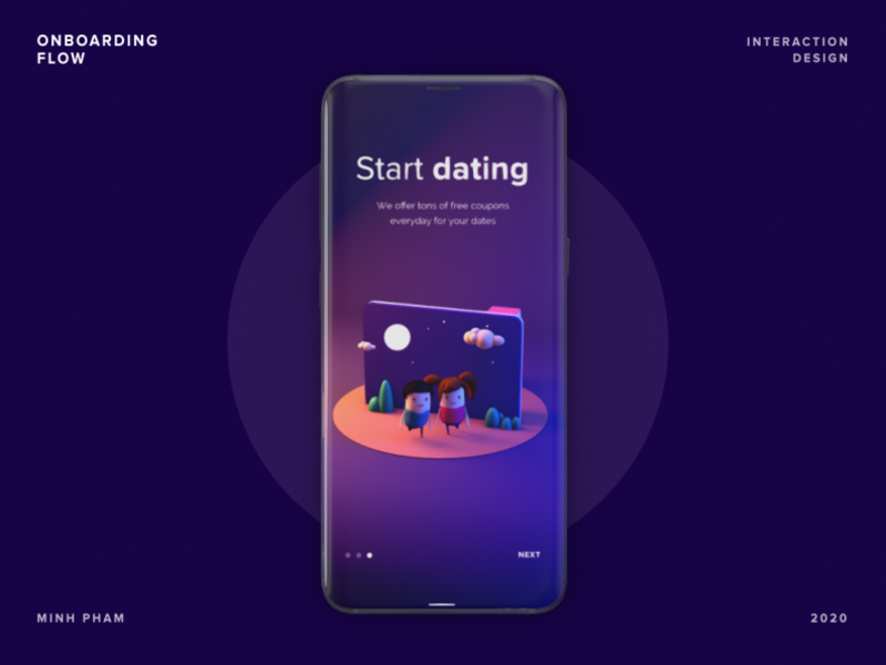 Onboarding Flow with 3D animation cartoon cinema 4d graphic design trending vietnam minh pham fun 3d dating motion uiux ui app illustration character mobile interaction animation product design