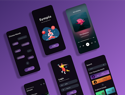 Symple- A Melodious music app that will help you to get focused. app design typography ui ux vector
