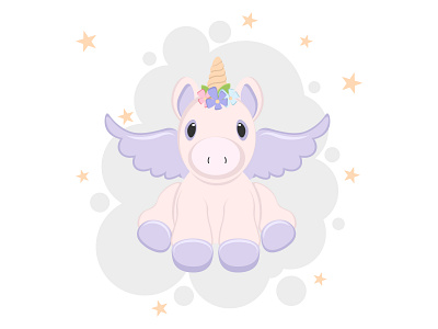 Unicorn sitting on cloud with stars baby baby shower birthday card cute decorative design icon illustration invitation logo party unicorn vector wings