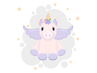 Unicorn sitting on cloud with stars