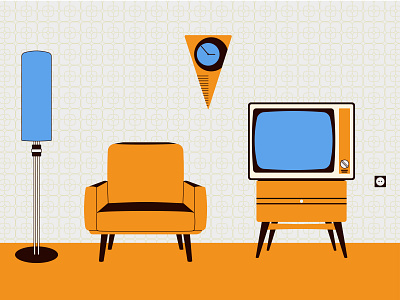 Retro room blue chair design furniture illustration lamp orange retro room tv vector