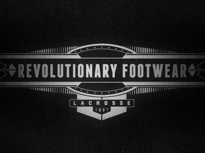 Revolutionary Footwear Mark banner black crest footwear grill industrial revolution logo mark mechanical revolutionary sans serif texture train type typography white