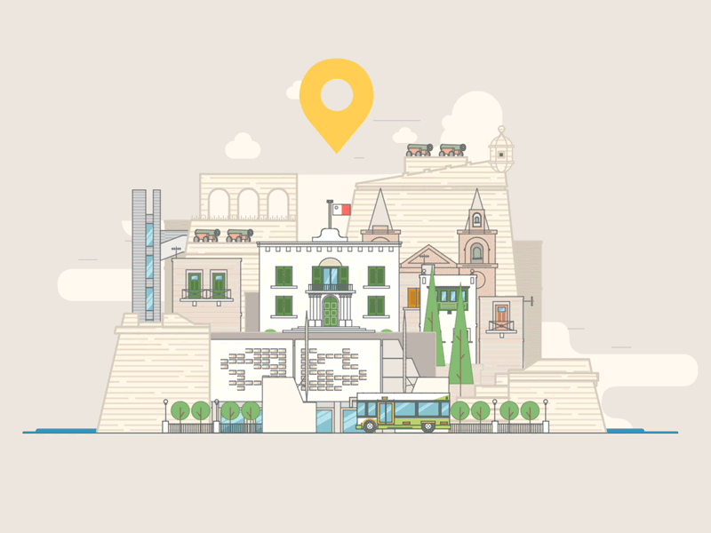 Valletta Pin animation architecture buildings bus capital city cities design illustration mediterranean sea