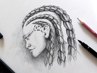 Character Face Sketch character face greyscale paper pencil draw pigtail hair sketch tattoo woman