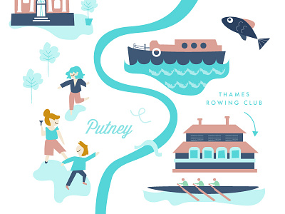 Wedding map boating dancing fish illustration invite love map river wedding