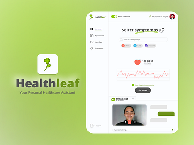 Healthleaf | Your Personal Healthcare Assistant branding chat dashboard design doctor graphic design health healthcare heart rate illustration logo ui vector video call