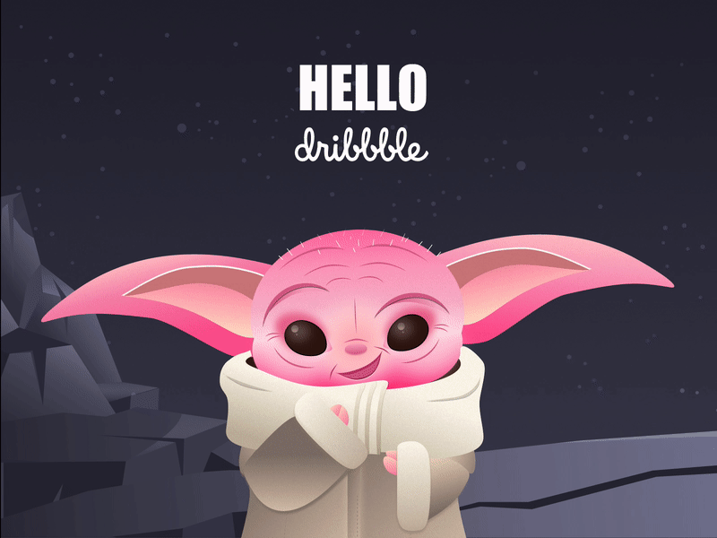 Hello Dribbble animation baby yoda ball character character animation cute debut design dribbble first shot gif graphic design grogu hello dribbble illustration space star wars sweet vector welcome shot
