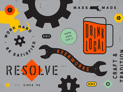 Work Hard — Be Satisfied beer black cogs gears grit icons illustration massachusetts mint orange silver texture tools wrench yellow