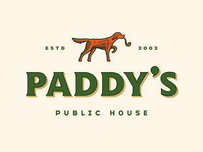 Paddy's Public House animal character cream dog green irish logo orange pipe shadow