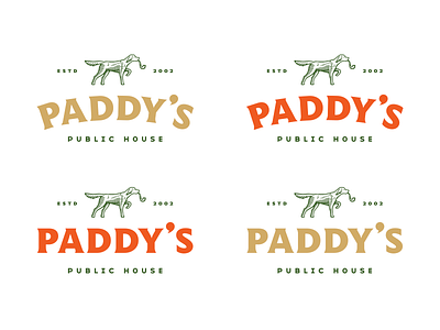 Paddy's Public House animal character dog gold green irish logo orange pipe typography