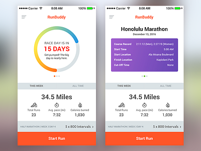 RunBuddy app interface marathon mobile phone run running training ui ux