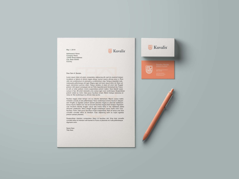 Kuvalis Stationery identity brand mockup stationery school shield badge icon line minimal logo