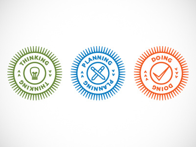 Icons - Thinking Planning Doing arrows badge circle city clean conference corporate icons light bulb lines logo simple