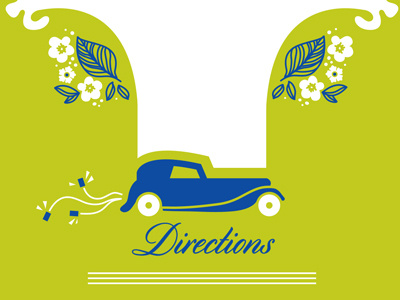 Invite - directions detail car chartreuse clean directions flowers invite retro stationery vintage wedding