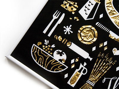 Golden Pizza Foil Print cheese dinner fork gold icons pizza plate retro screen print