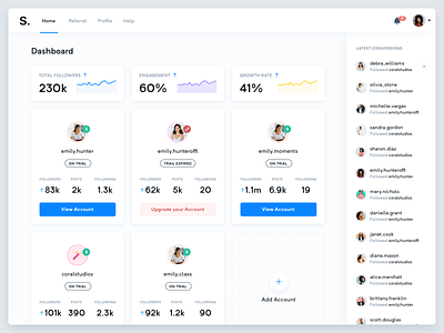 S. Dashboard - All accounts - Real Project analytics blue cards chart dashboard designer instagram interface purple ui ux white