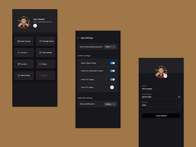 Profile app dark theme minimalistic mobile mobile app profile settings simple ui