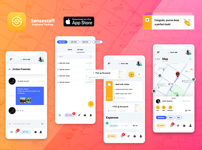 Sensestaff Employee Tracking app design clear delivery employee ios ios app light design location location tracker manager marketplace mobile mobile app product design task list task manager tracker tracker app white yellow