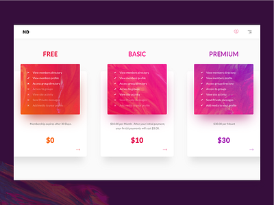 ND | Membership Levels basic cards colors dating heart layout levels membership premium price theme