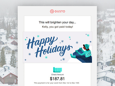 Happy Holidays from Gusto! email header holidays illustration paystub snow winter