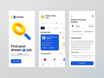 Orynde — Job Finder App 3d 3d illustration career daily ui dailyui epilogue illustration job job finder mobile mobile app search ui design