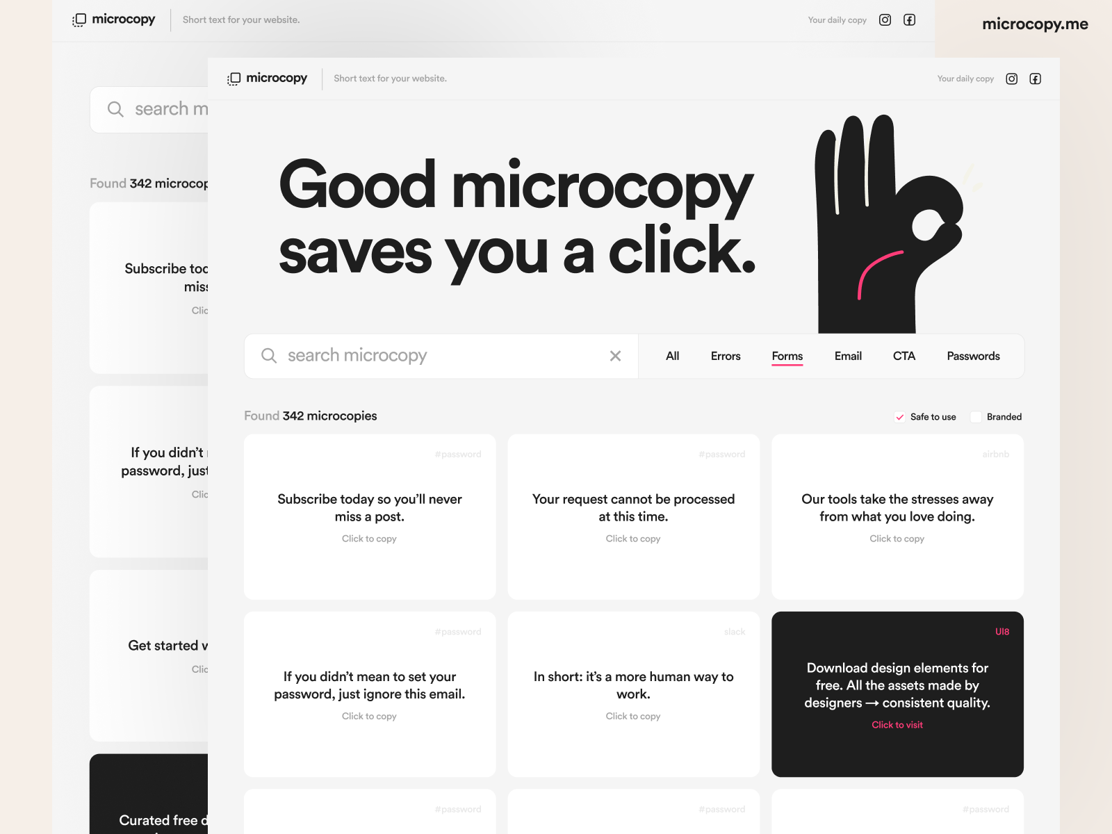  A screenshot of a web page that has a search bar with the query 'microcopy' and a heading that reads 'Good microcopy saves you a click', with a hand giving an 'okay' sign.