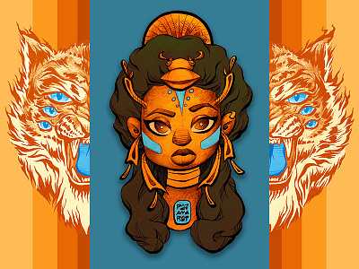 Scarab Queen and Ghost Tiger animals beetle cartoon digital drawing girl illustration lowbrow mythology queen tiger