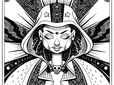 Our Lady of the Cosmos american animal bison black and white comic cosmic design drawing illustration ink lowbrow mythology pattern space surreal woman