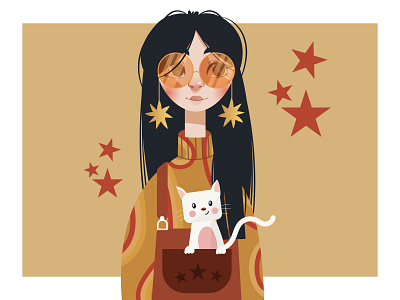 Vector hippie girl with a cat