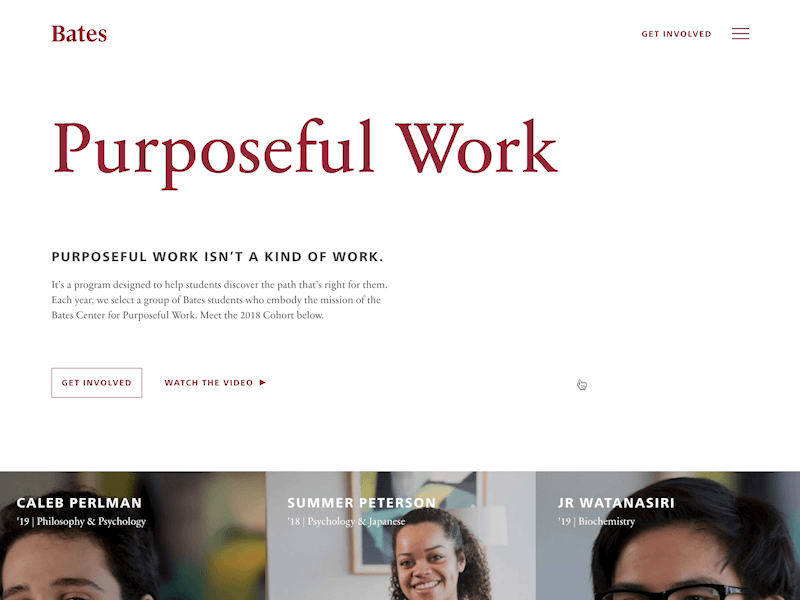 Bates College Purposeful Work - Audience Gate animation frutiger gsap parallax sabon