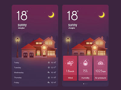 The weather App UI app building dashboard flat house illustrations list moon temperature ui weather