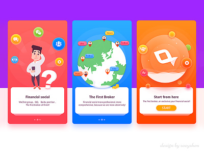 Guide page design air bubbles app app page guide blue characters earth financial gradient icons illustrations red ui